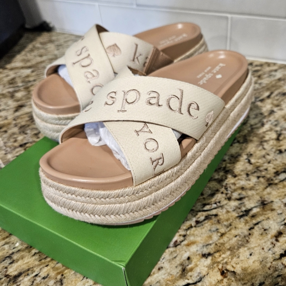 kate spade Beige Cross-Band Platform Espadrille Slides - Picture 2 of 10